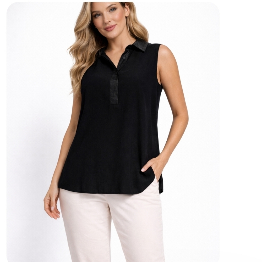 Acrobat Silk Blend Sleeveless Black Top w/ Leather Trim Size L Chic Minimalist B